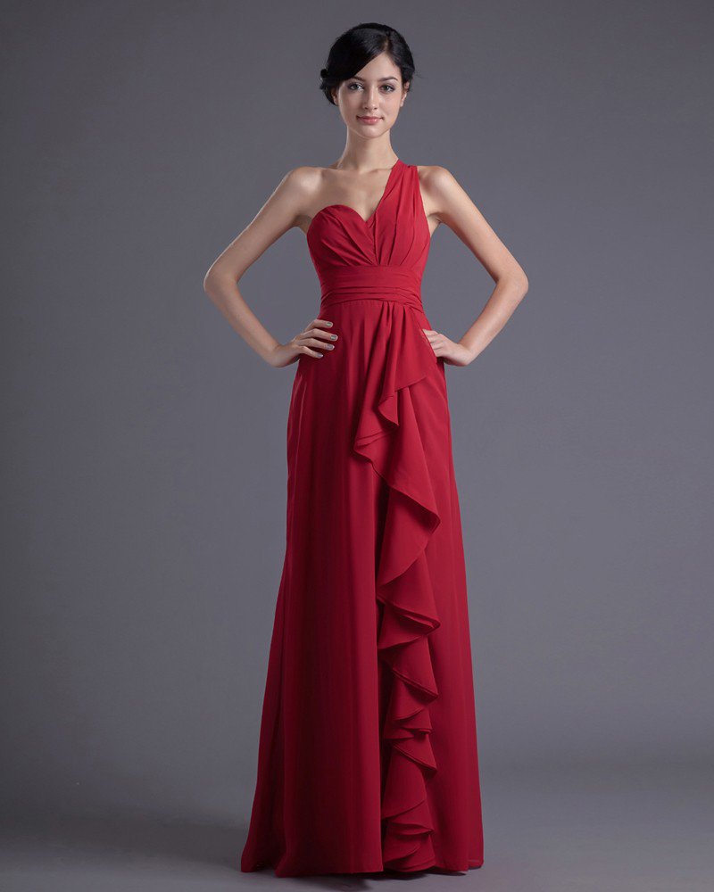 Fashion Chiffon Pleated Ruffle One Shoulder Floor Length Bridesmaid Dress