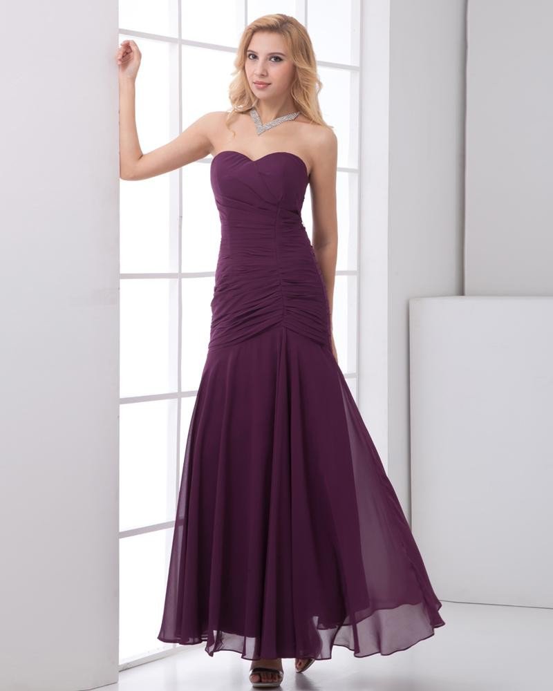 Chiffon Ruffle Sweetheart Sleeveless Backless Zipper Ankle Length Pleated Bridesmaids Dresses