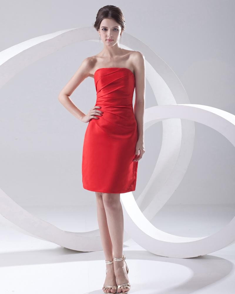 Strapless Neckline Thigh Length Sleeveless Pleated Taffeta Woman Bridesmaids Dresses