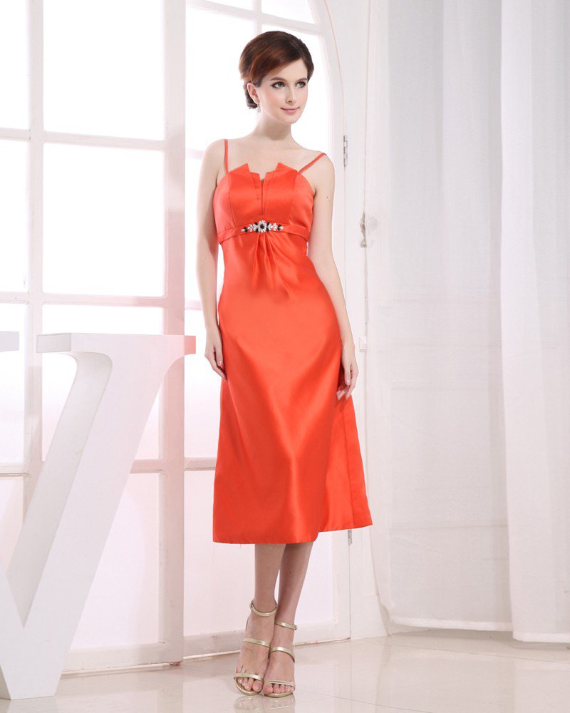 Silk Satin Beading Spaghetti Straps Sleeveless Backless Tea Length Bridesmaid Dress