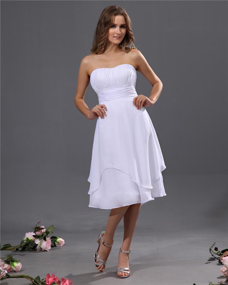 Designer A-line Strapless Chiffon Tea-length Bridesmaid Dress