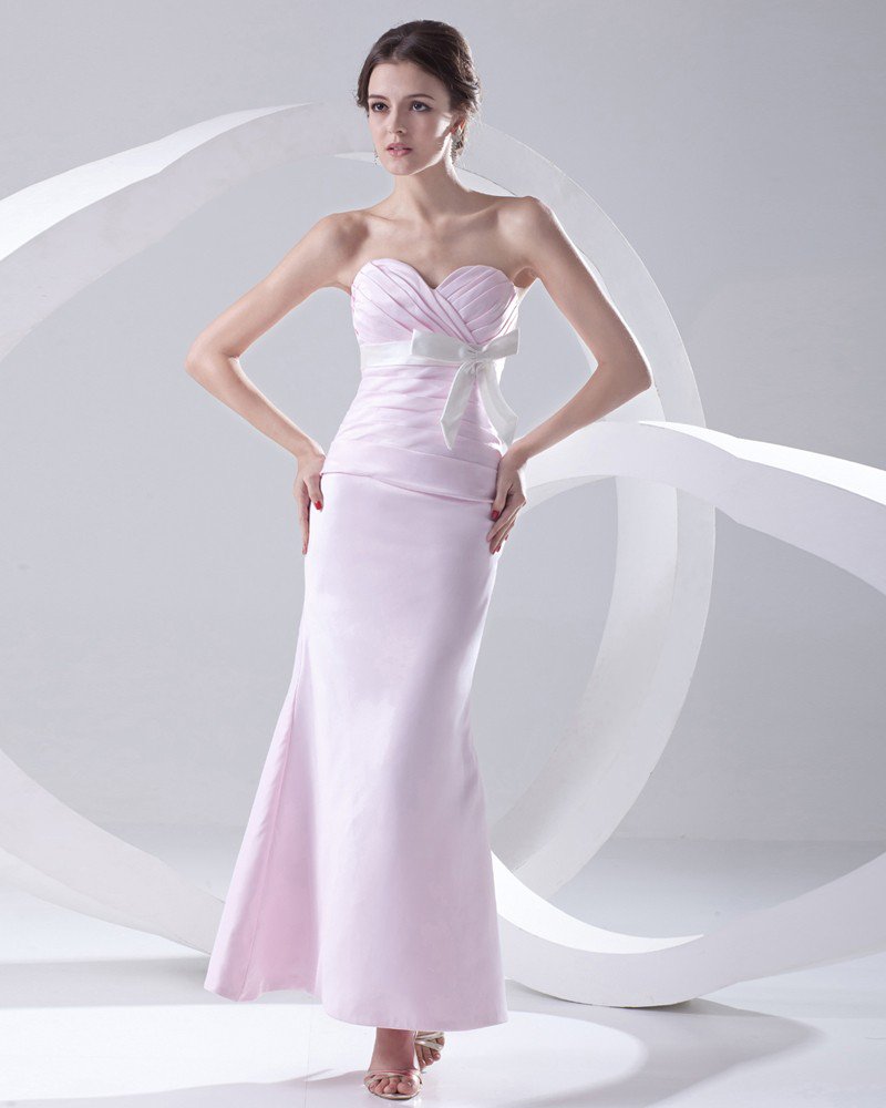 Fashion Satin Pleated Bowknot Sweetheart Sleeveless Ankle Length Bridesmaid Dress