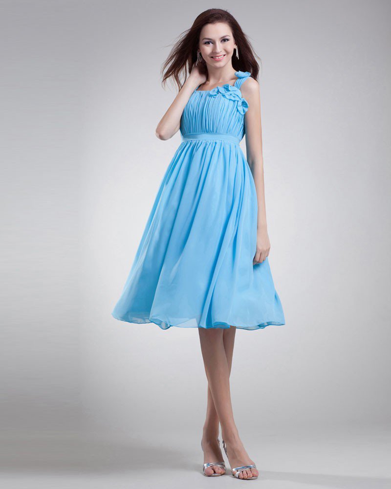 Chiffon Ruffle Flower Shoulder Straps Knee Length Bridesmaid Dress