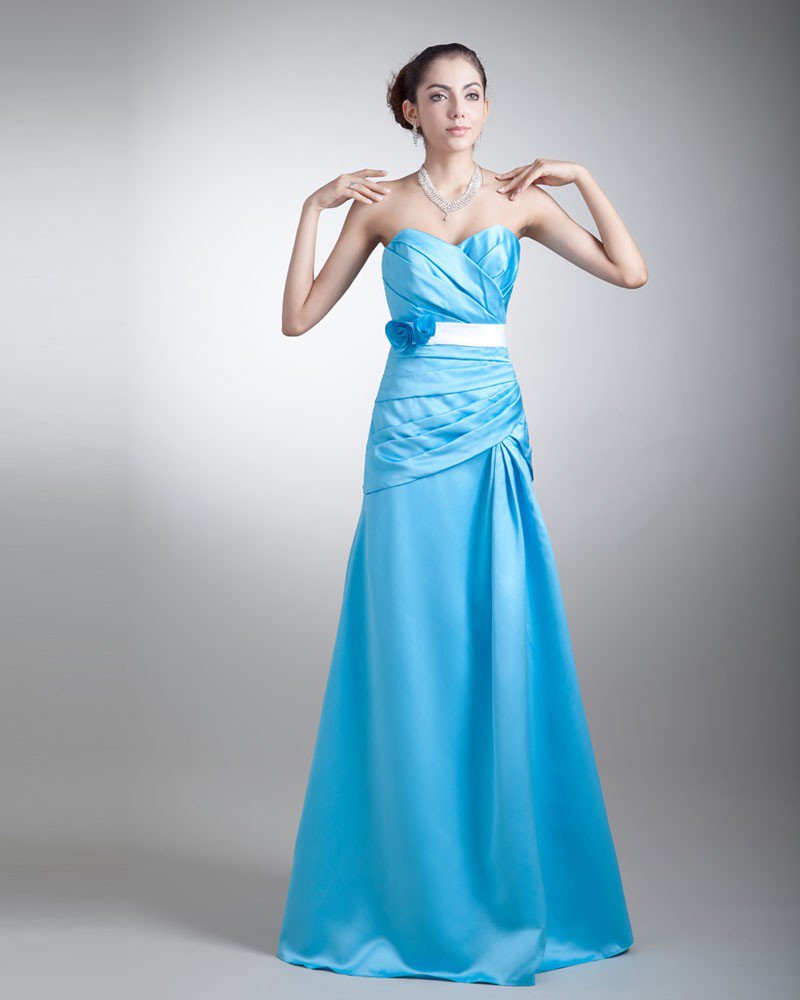 Satin Ruffle Flower Sweetheart Floor Length Bridesmaid Dress