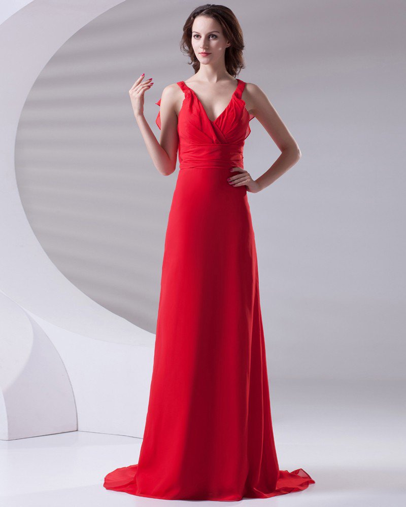 Slim Ruffle Design V Neck Floor Length Chiffon Bridesmaid Dress