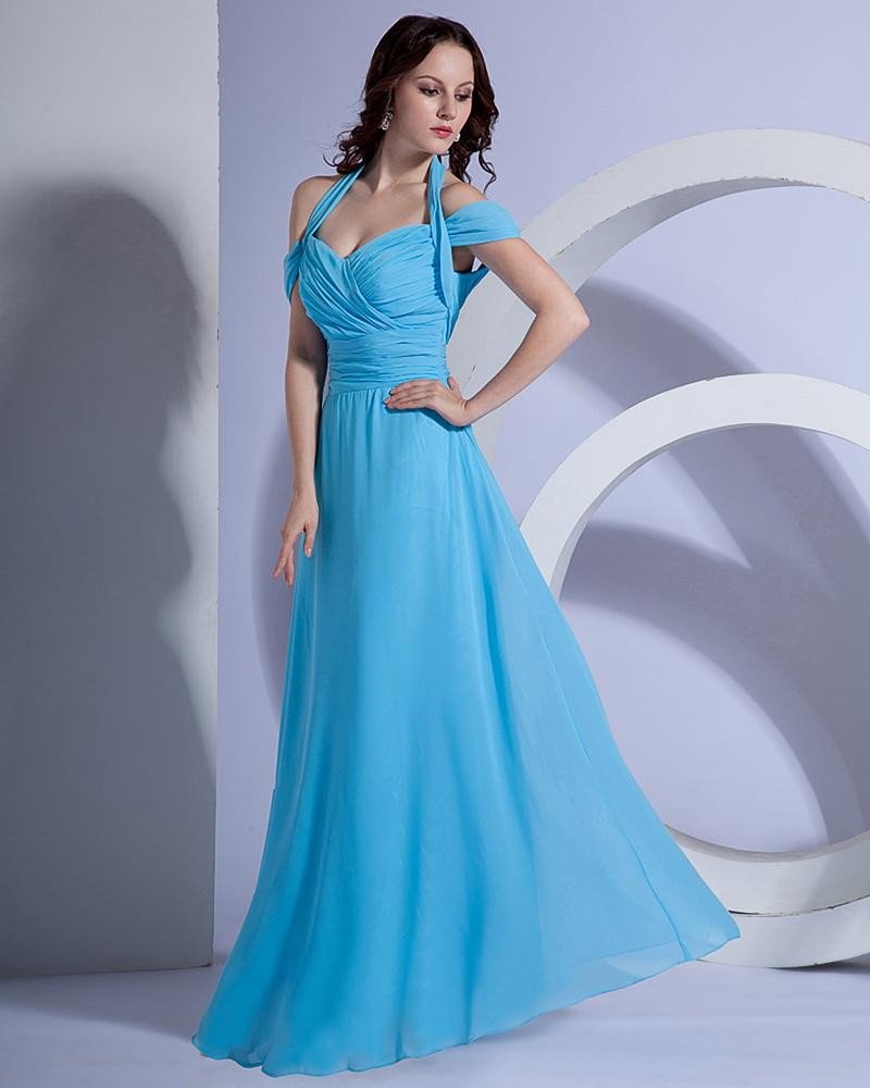 Satin Ruffle V Neck Halter Floor Length Bridesmaid Dress Gown
