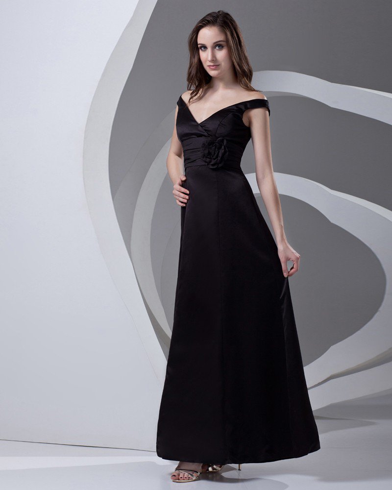 V Neck Pleated Ankle Length Satin Woman Bridesmaid Dress