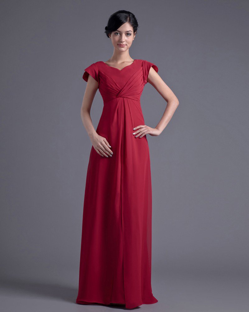 Fashion Chiffon Pleated V Neck Petal Floor Length Bridesmaid Dress