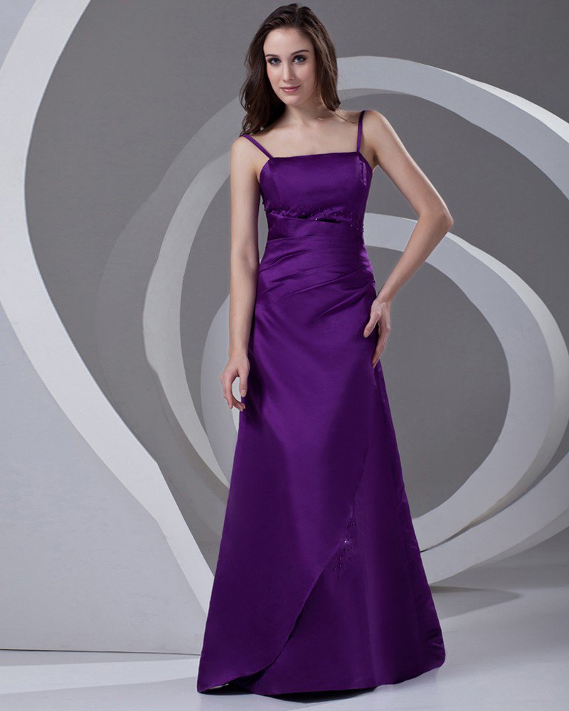 Spaghetti Straps Pleated Floor Length Satin Woman Bridesmaid Dress