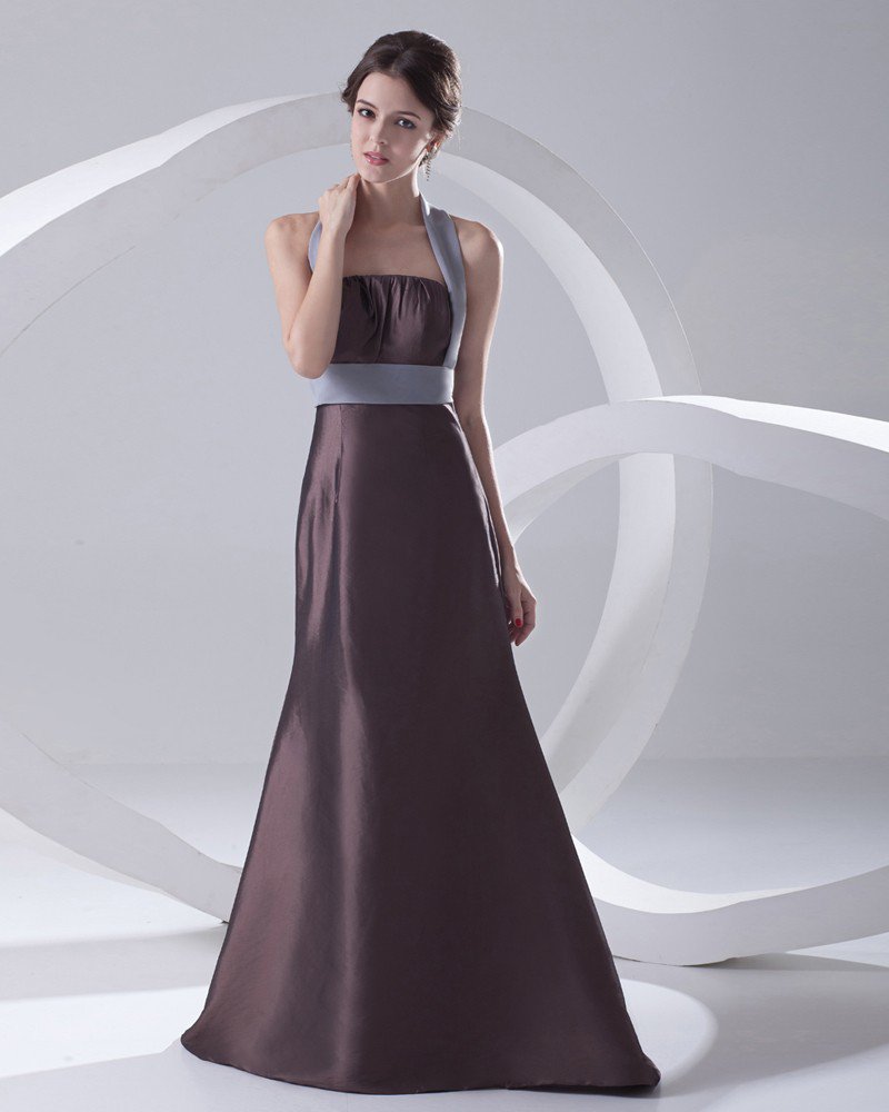 Fashion Satin Pleated Halter Sleeveless Floor Length Bridesmaid Dress