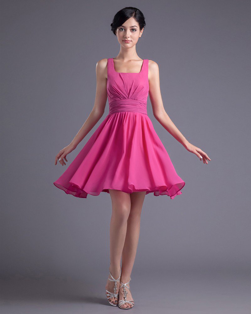 Fashion Chiffon Pleated Square Thigh Length Bridesmaid Dress