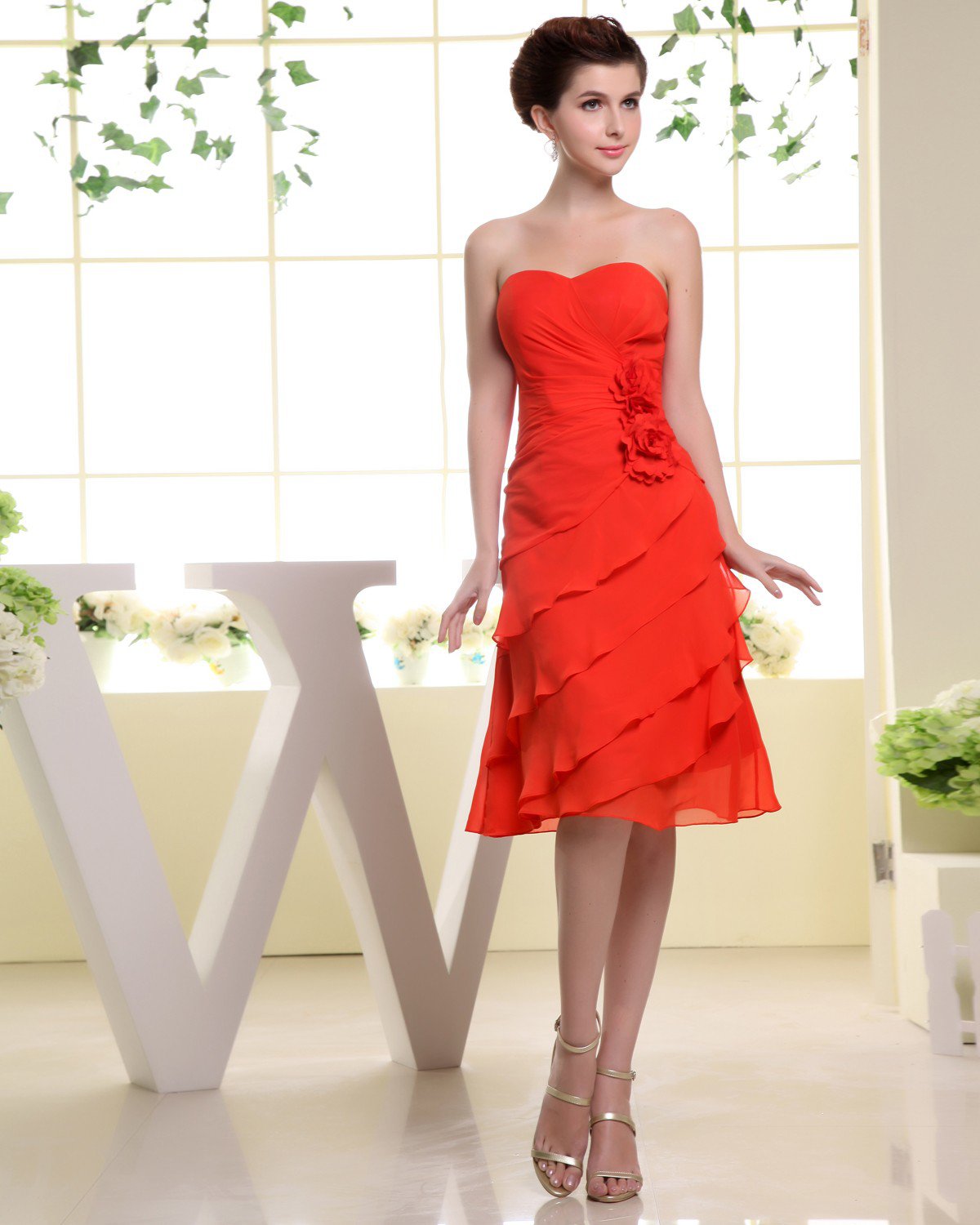 Sweetheart Sleeveless Zipper Pleated Knee Length Layered Chiffon Woman Bridesmaid Dresses