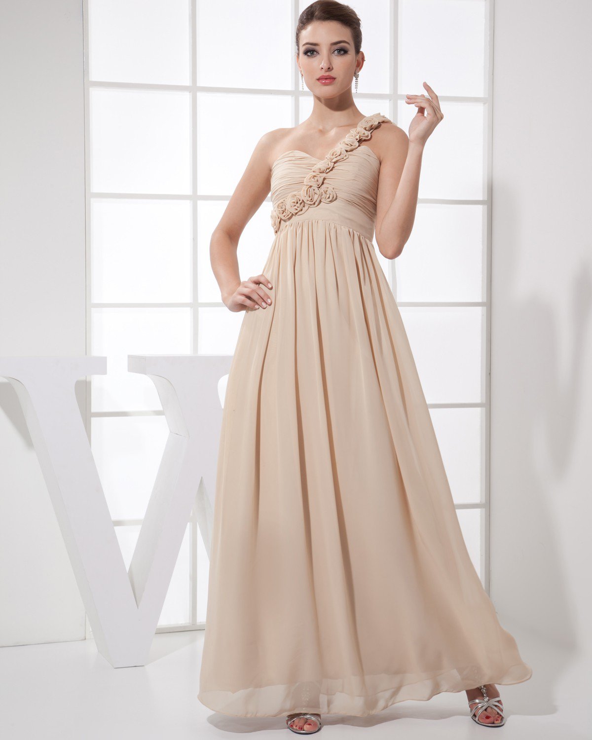 Sweetheart Flower Pleated Sleeveless Zipper Floor Length Chiffon Silk Woman Bridesmaid Dress