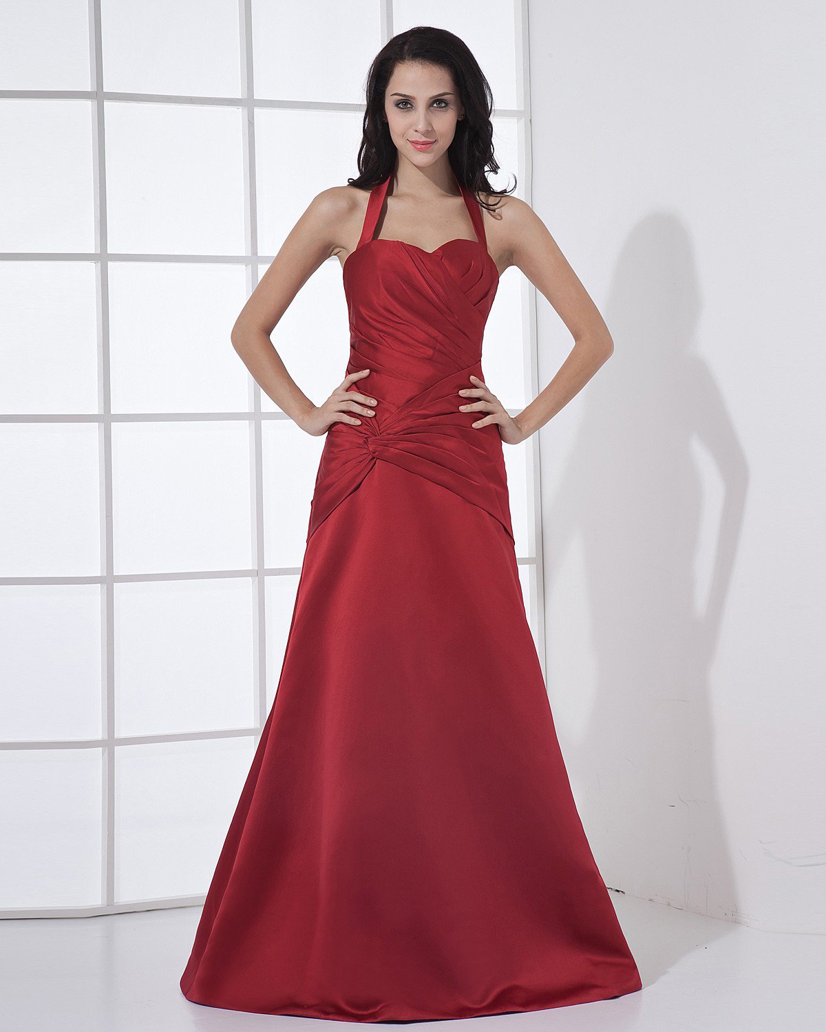 Halter Sleeveless Zipper Pleated Floor Length Satin Woman Bridesmaid Dress