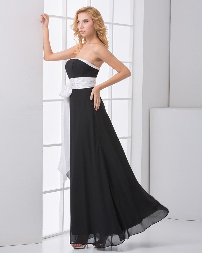 Fashion Chiffon Satin Pleated Bowknot Strapless Sleeveless Ankle Length Bridesmaid Dress