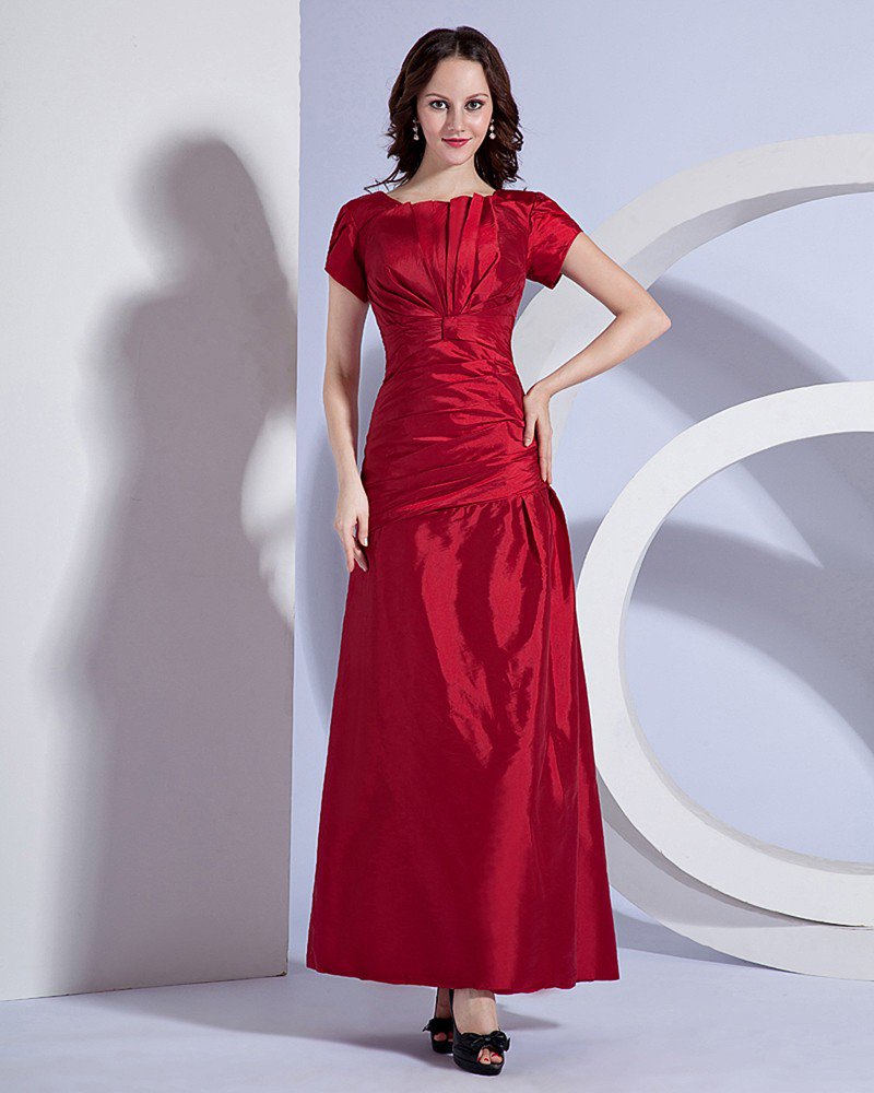 Taffeta Pleated Round Neck Floor Length Bridesmaid Dress