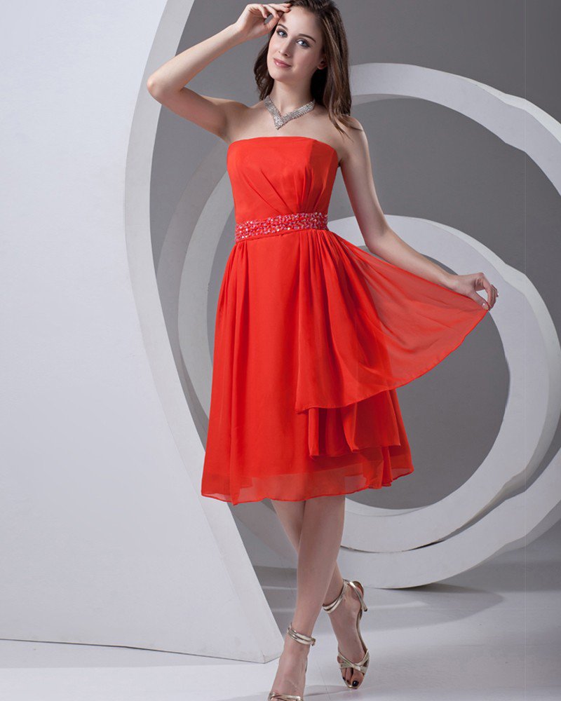Strapless Beading Pleated Knee Length Chiffon Woman Bridesmaid Dress