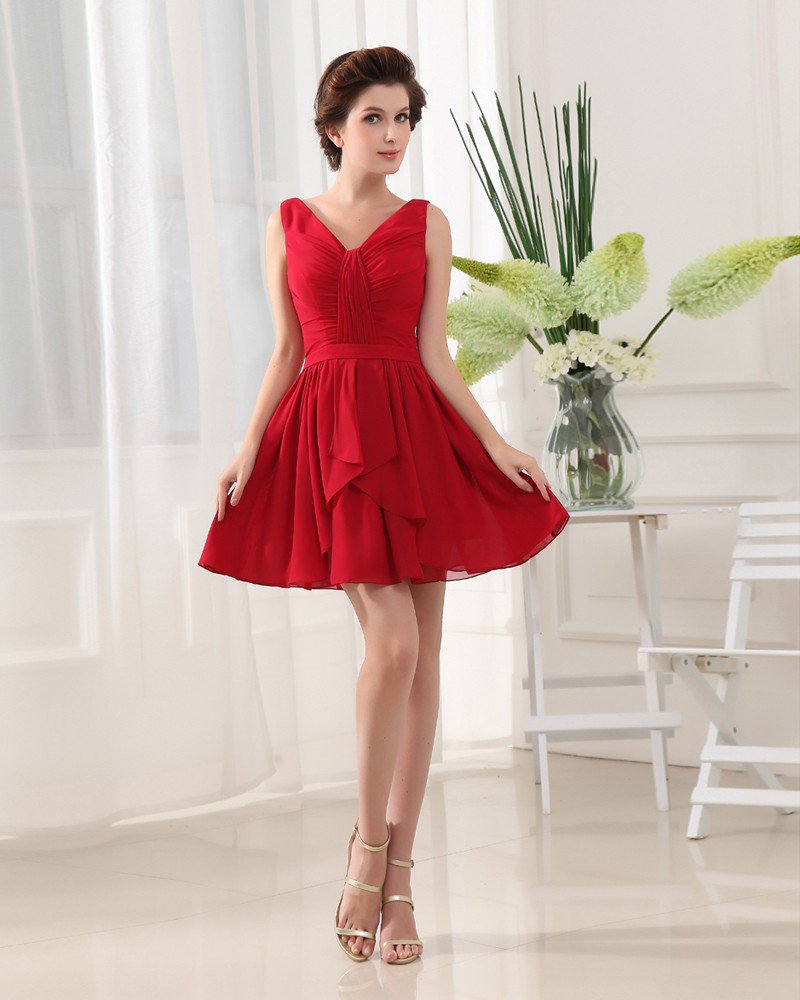 V Neck Sleeveless Thigh Length Pleated Chiffon Woman A-Line Bridesmaid Dress