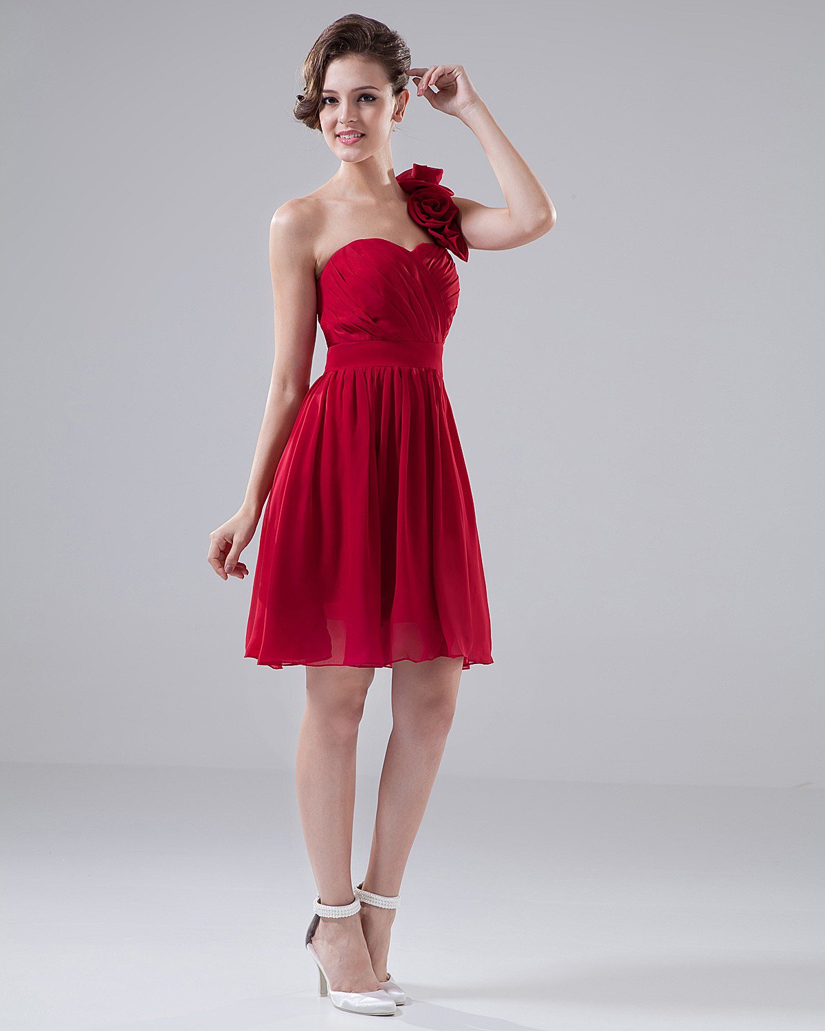 Sweetheart One Shoulder Flower Ruffle Knee Length Chiffon Bridesmaid Dress