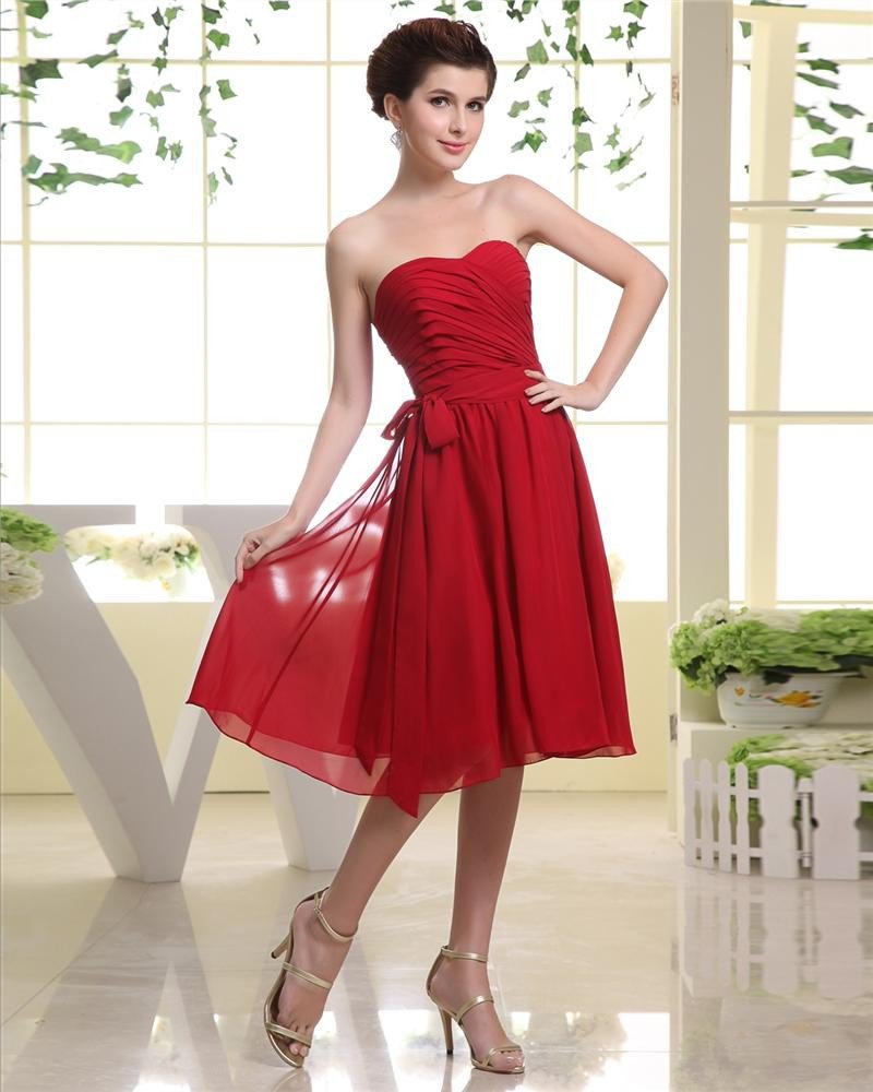 Sweetheart Bowknot Belt Zipper Sleeveless Knee Length Pleated Chiffon Woman Bridesmaid Dresses