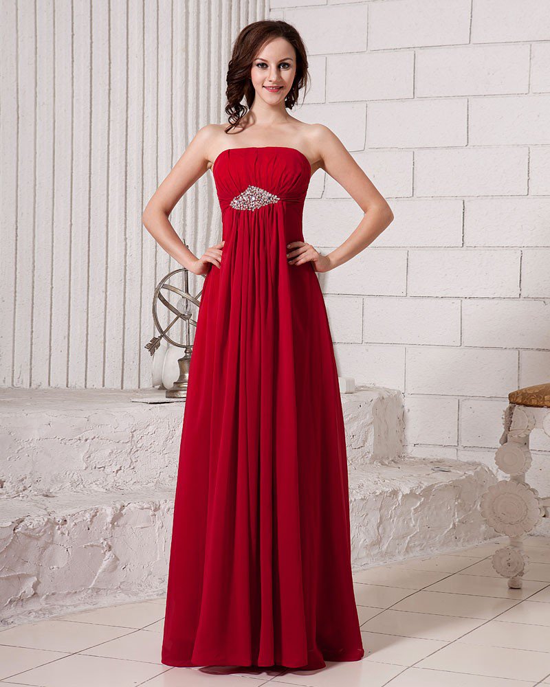 Stylish Ruffle Strapless Floor Length Beading Chiffon Bridesmaid Dress