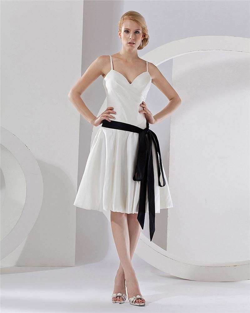 Strap V-Neck Tea-Length Taffeta Party Dress Bridesmaids Dresses
