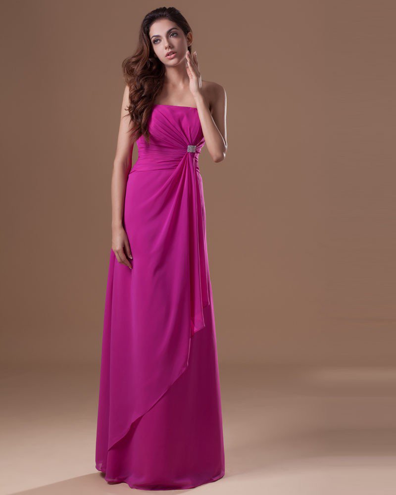Chiffon Beading Ruffle Strapless Floor Length Bridesmaid Dress