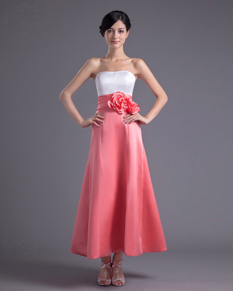 Fashion Satin Flower Strapless Ankle Length Bridesmaid Dress