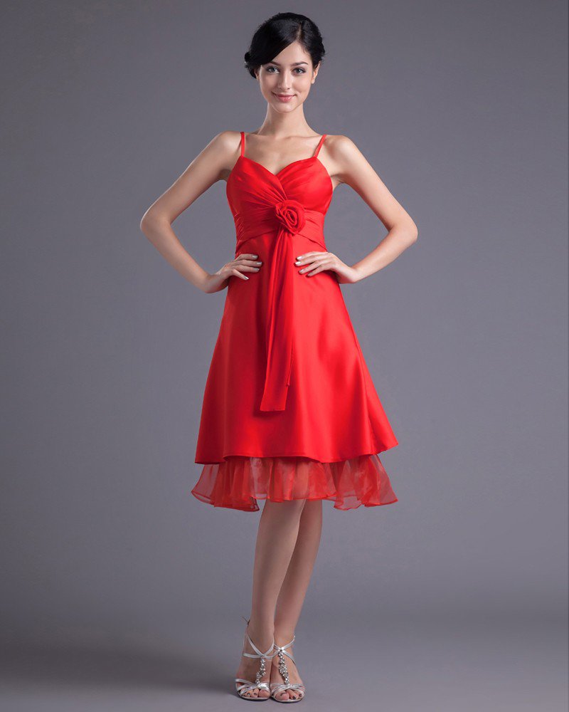 Fashion Satin Organza Pleated Flower Spaghetti Strap Knee Length Bridesmaid Dress