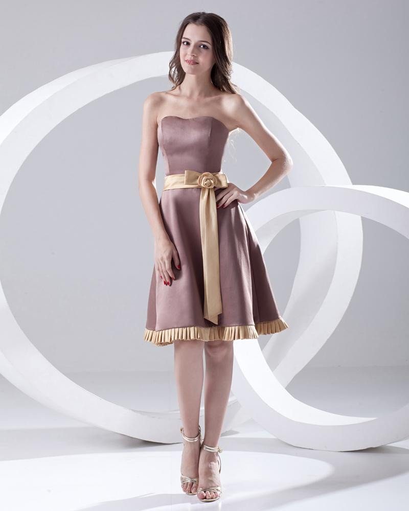 Sweetheart Neckline Sleeveless Thigh Length Flower Satin Woman Bridesmaids Dresses