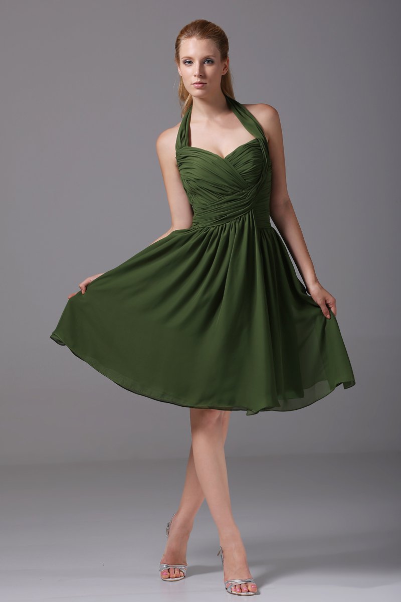 Chiffon Imitation Silk Ruffle Halter Knee Length Bridesmaid Dresses
