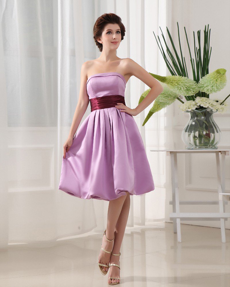 Knee Length Strapless Neckline Sleeveless Pleated Satin A-Line Bridesmaid Dress