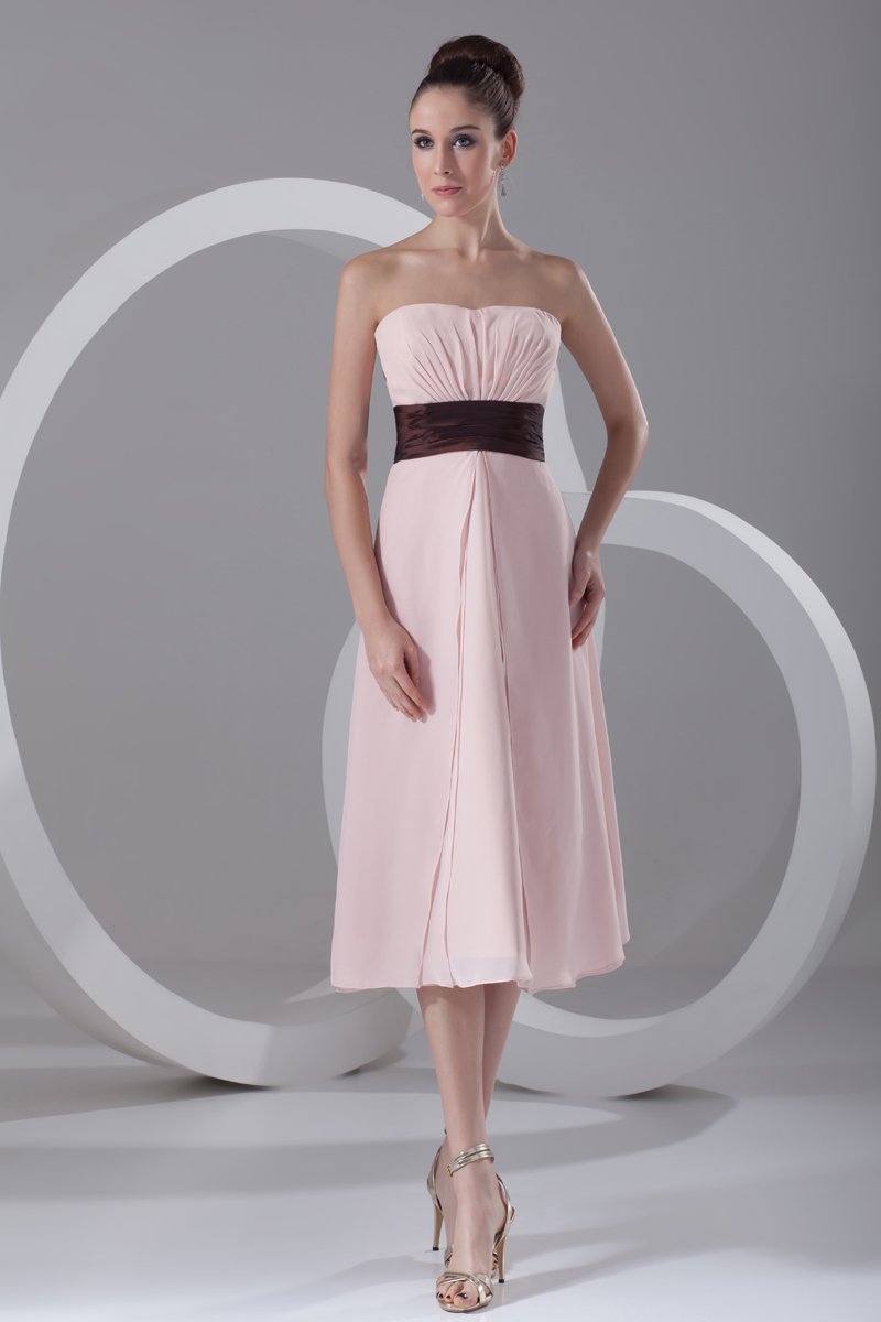Chiffon Ruffle Strapless Tea Length Bridesmaid Dress