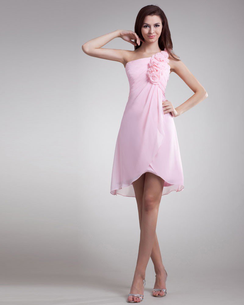 Chiffon Ruffle Flower One Shoulder Knee Length Bridesmaid Dress