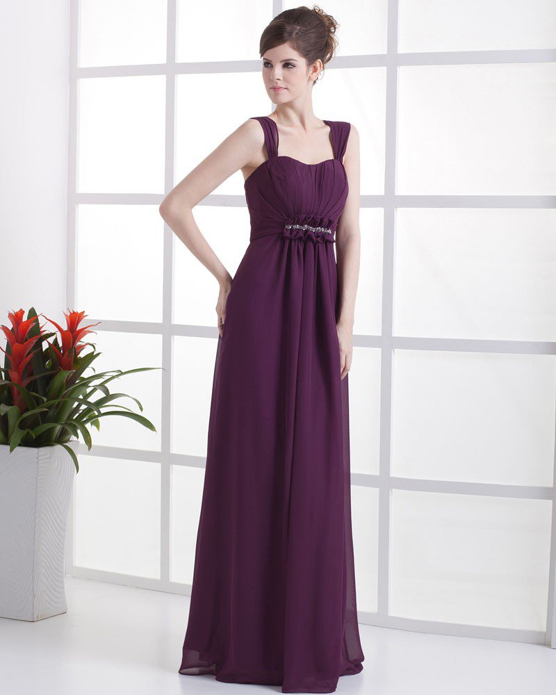 Ruffle Chiffon Shoulder Straps Floor Length Bridesmaid Dress Gown