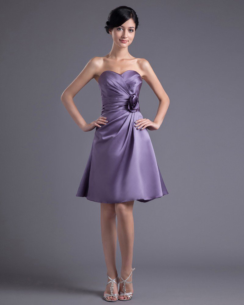 Fashion Satin Pleated Flower Sweetheart Knee Length Bridesmaid Dress
