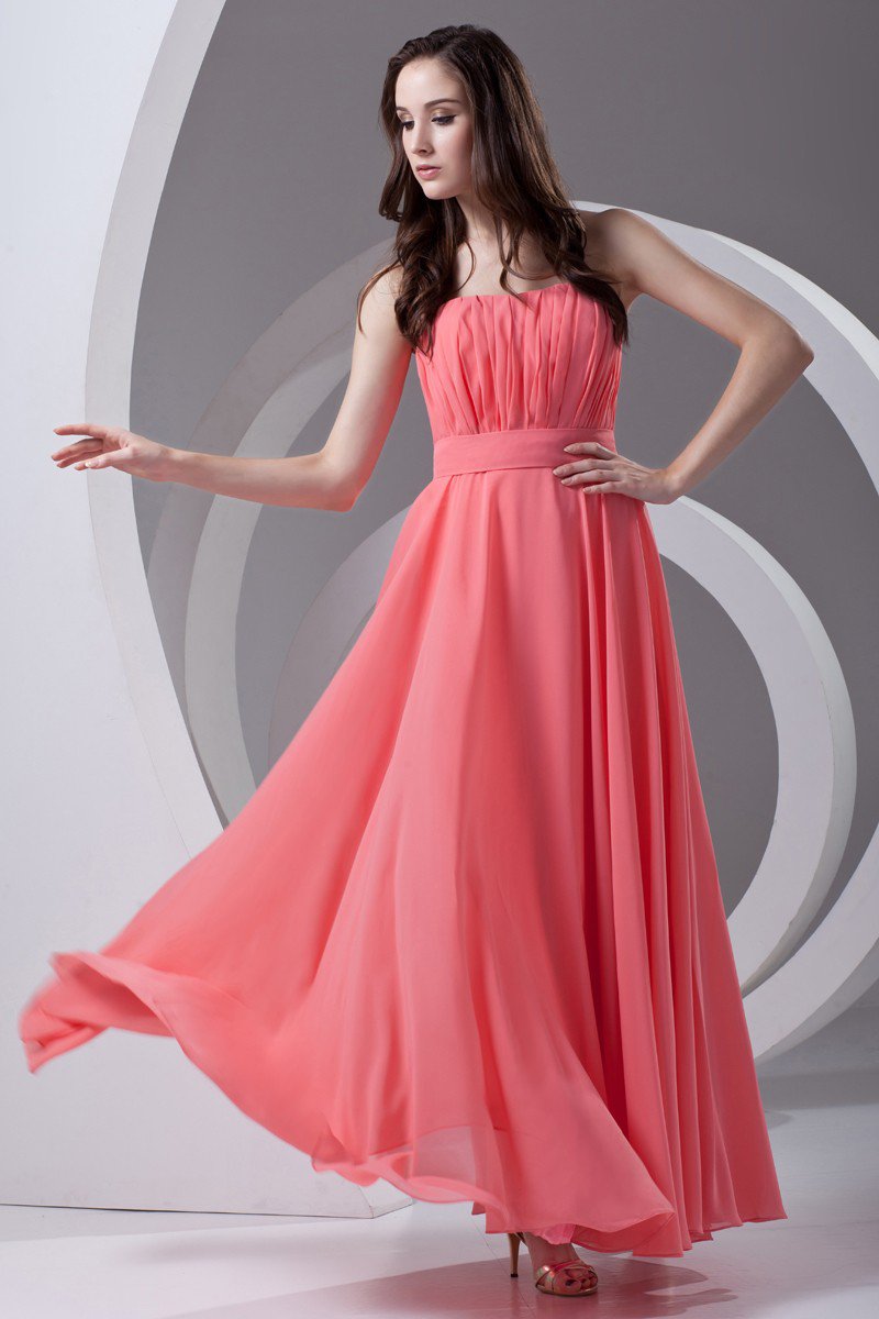 Strapless Pleated Ankle Length Chiffon Woman Bridesmaid Dress