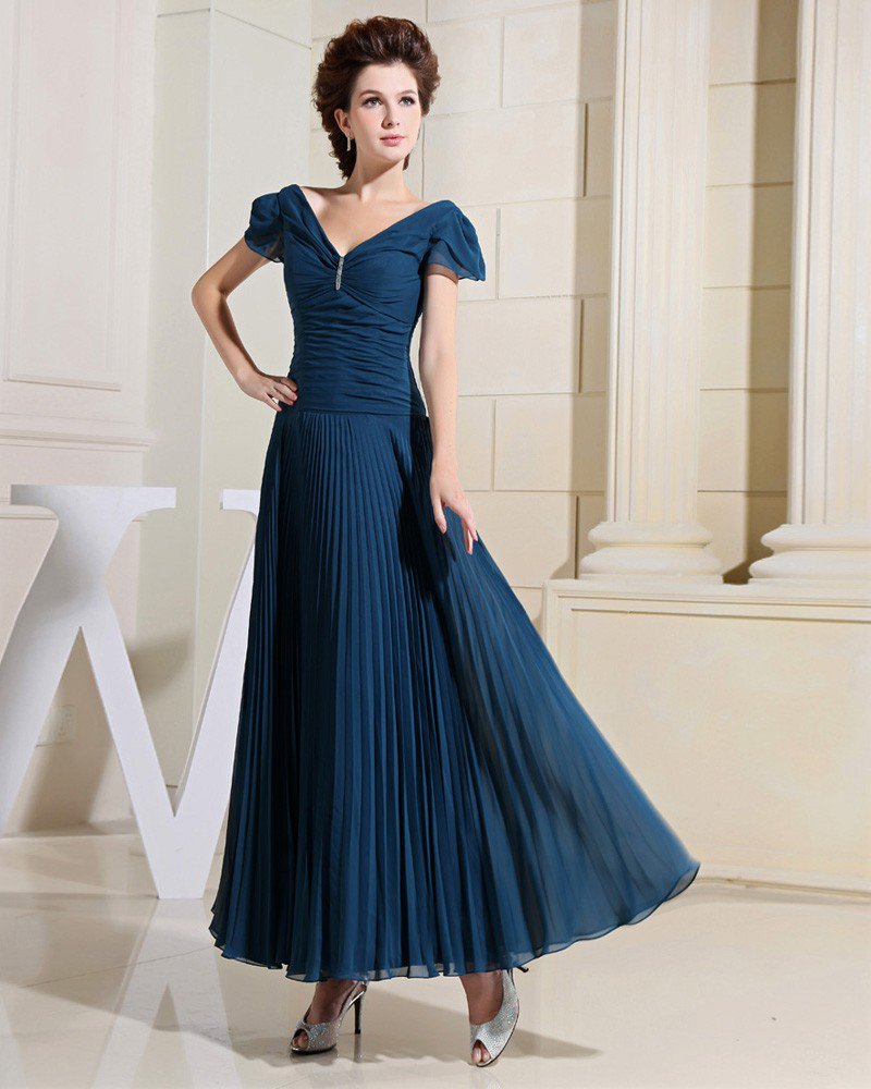 V Neck Petal Sleeve Floor Length Pleated Chiffon Empire Mother Of The Bride Dress