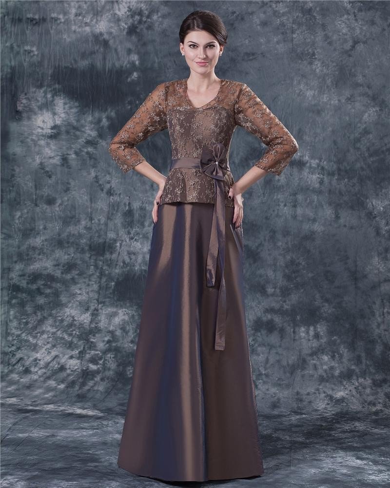 Comfortable V-Neck Floor Length Bowknot Taffeta Lace Paillette Mother of the Bride Dress