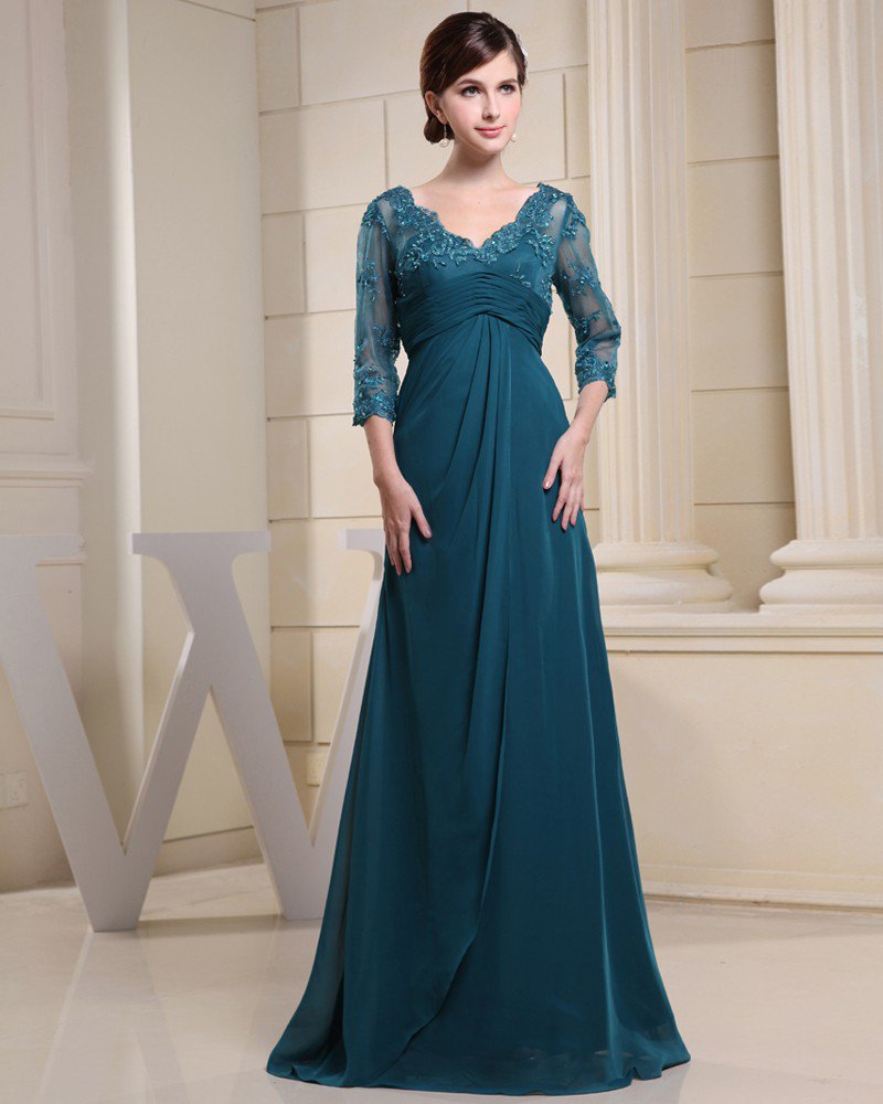 Chiffon Silk Beading Pleated V Neck Floor Length Mother of the Bride Dress