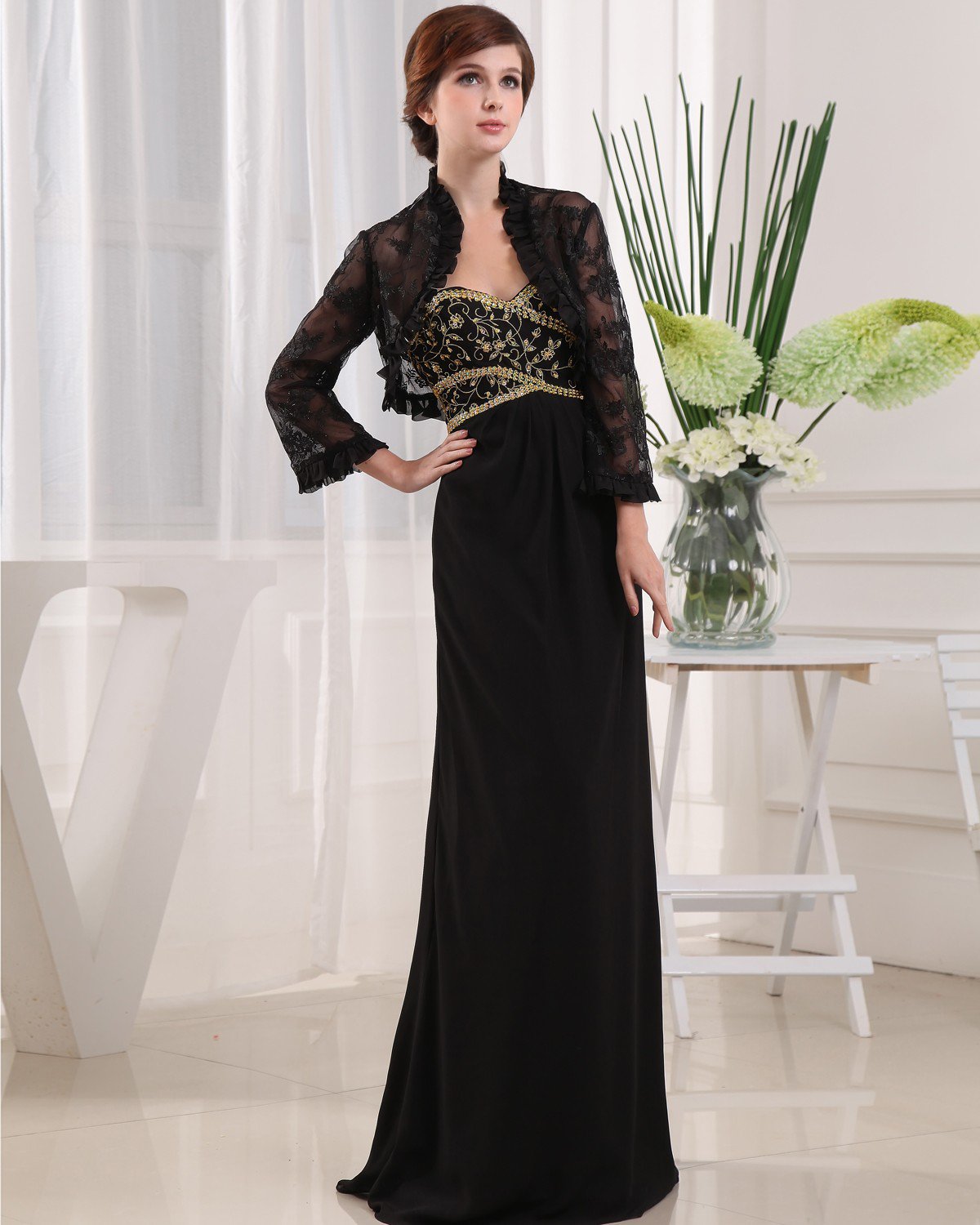 Sweetheart Long Sleeve Zipper Embroidery Beading Floor Length Chiffon Lace Mother of the Bride Dress