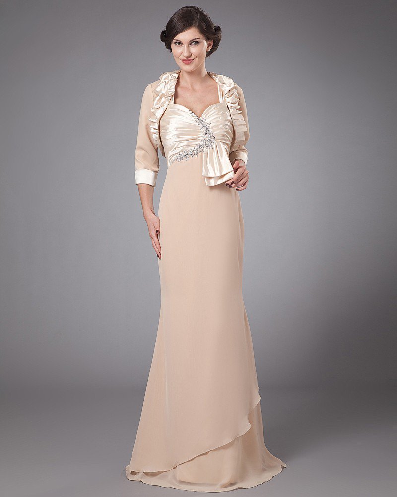 Satin Ruffle Pleated Queen Anne Floor Length Mothers of Bride Guests Dresses