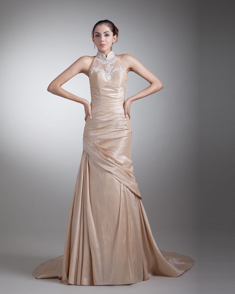 Taffeta Ruffle Beads High Neck Court Train Mothers of Bride Guests Dresses
