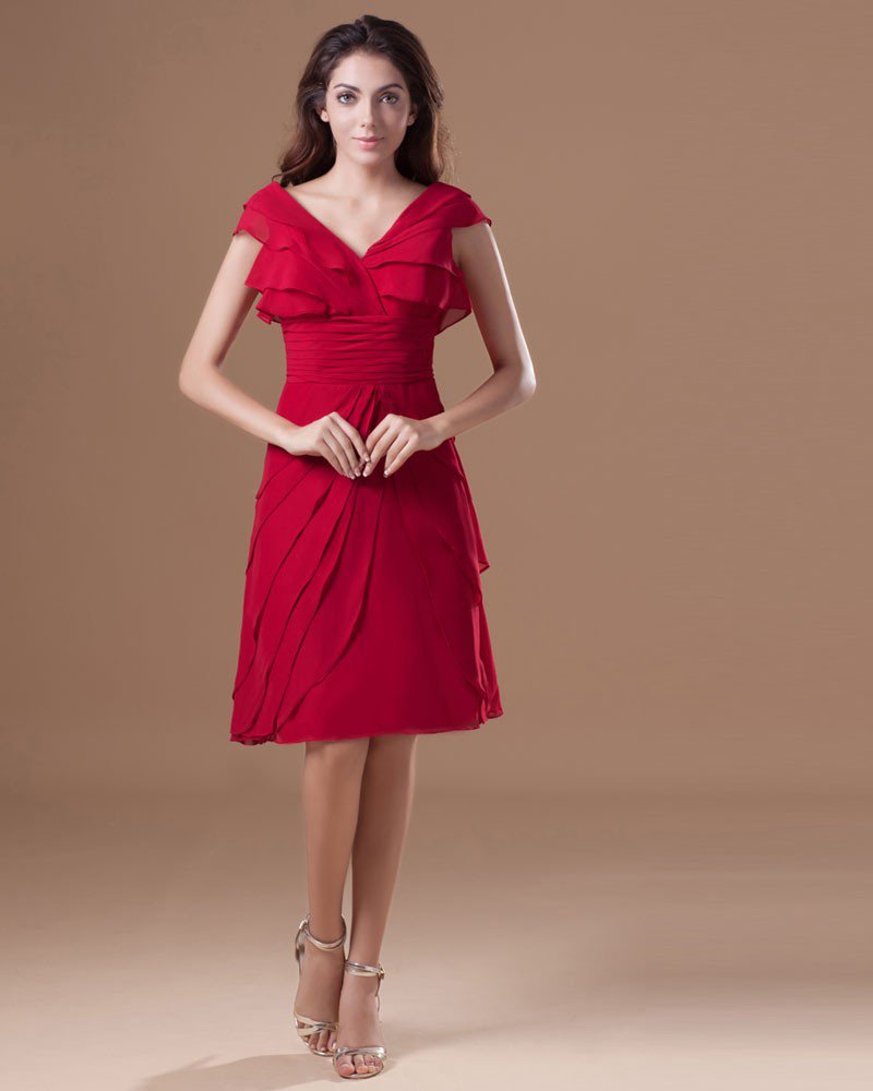 Chiffon Ruffle V Neck Knee Length Mother Of The Bride Dress