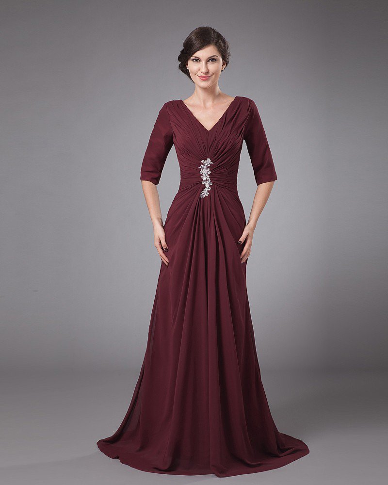 Chiffon Pleated Ruffle V Neck Floor Length Mothers of Bride Guests Dress