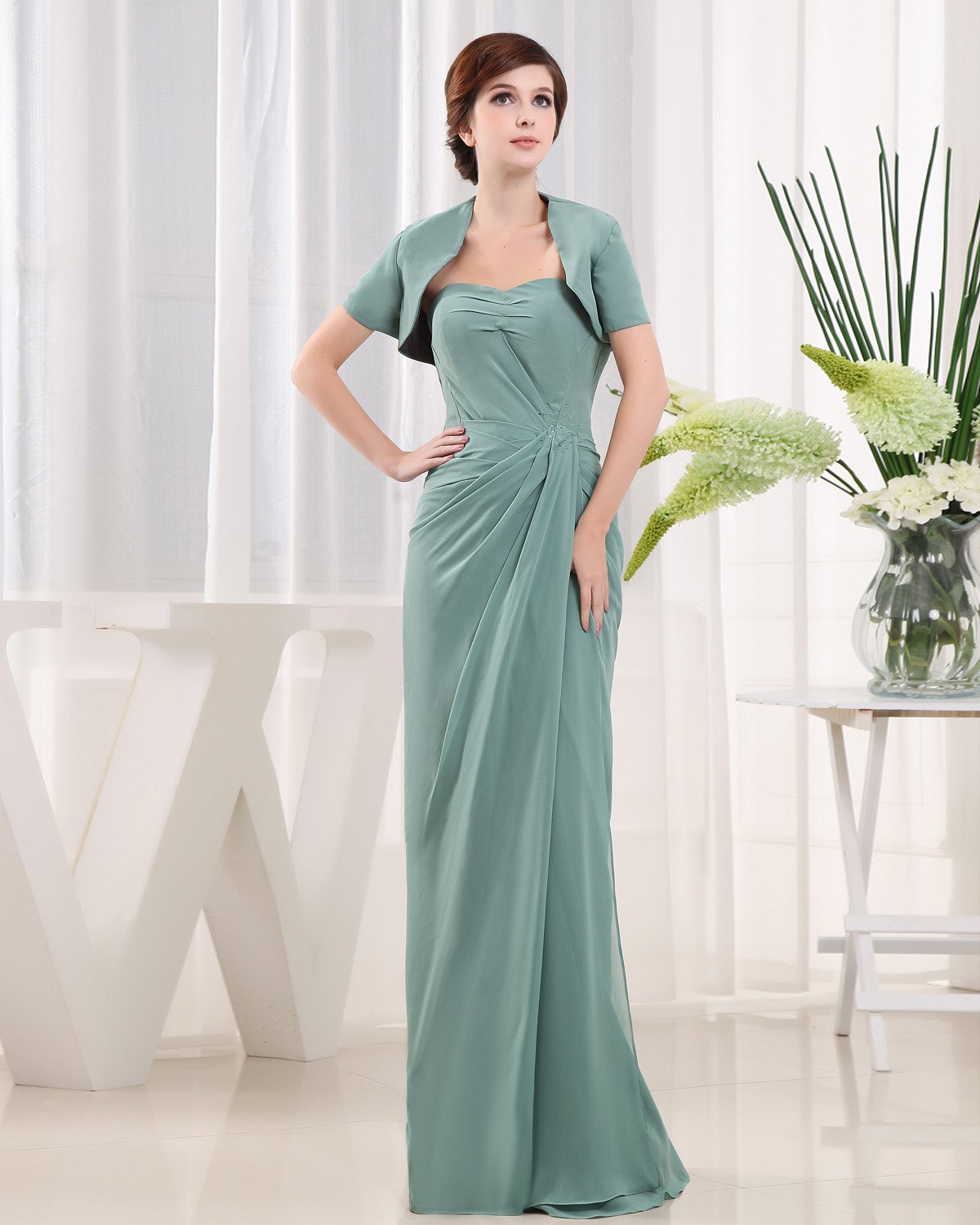 Sweetheart Short Sleeve Zipper Ruffle Floor Length Chiffon Mother of the Bride Dress