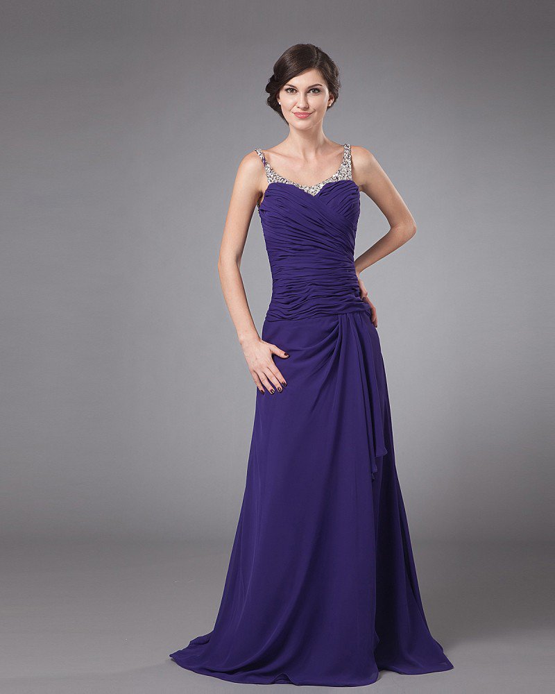 Chiffon Ruffle Beading Round Neck Floor Length Mothers of Bride Guests Dresses