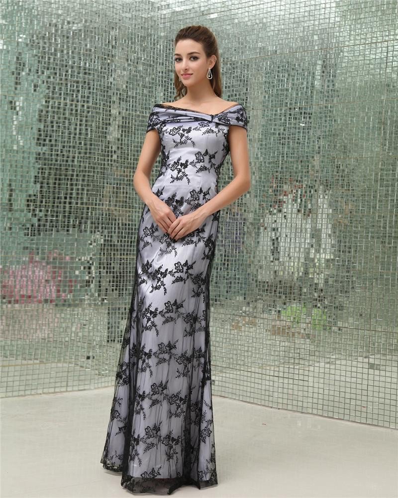 Off Shoulder Sleeveless Zipper Floor Length Beading Ruffle Lace Satin Tulle Mother of the Bride Dres