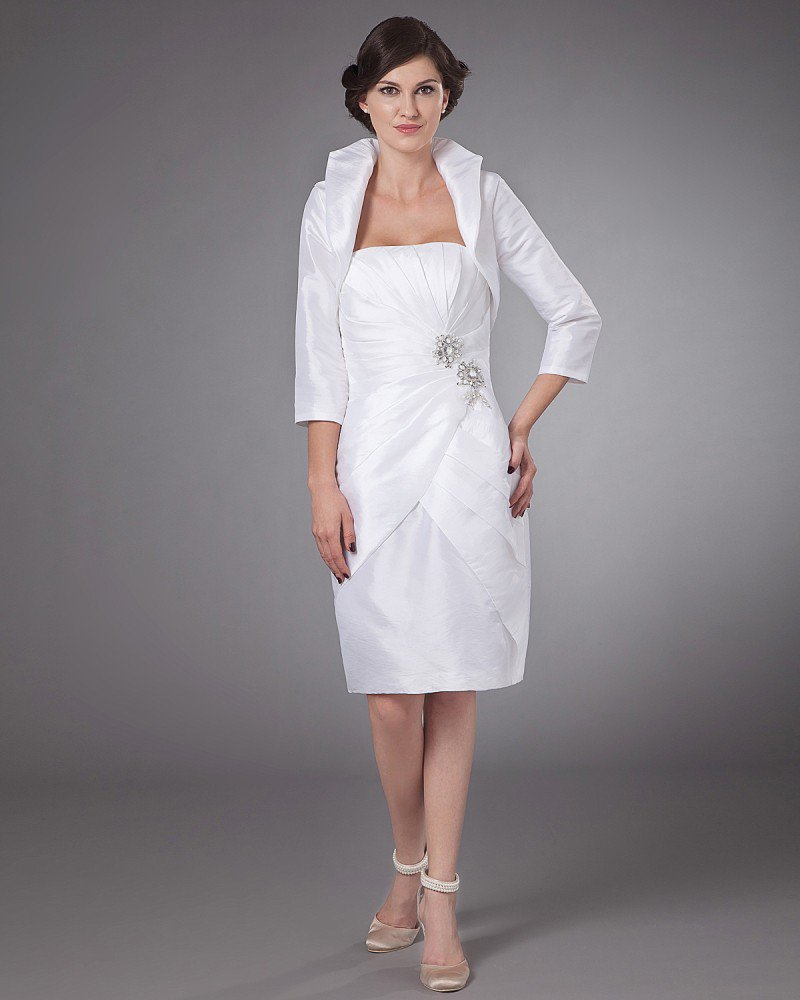 Satin Ruffle Strapless Knee Length Mothers of Bride Guests Dresses