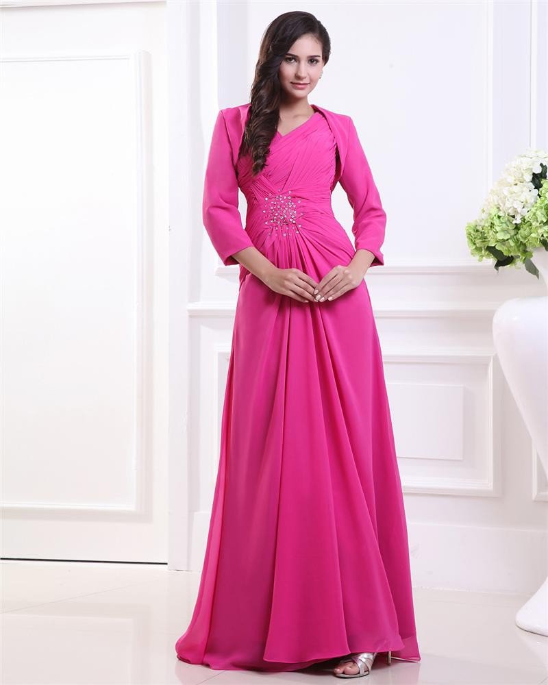 Chiffon V Neck Pleated Beading Long Sleeve Floor Length Mother of the Bride Dress
